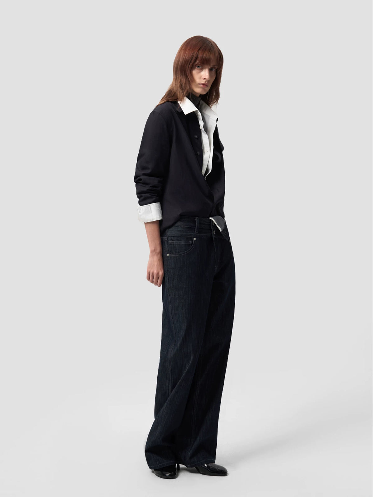NAVY RIBBON NECK LONGSLEEVE SHIRT