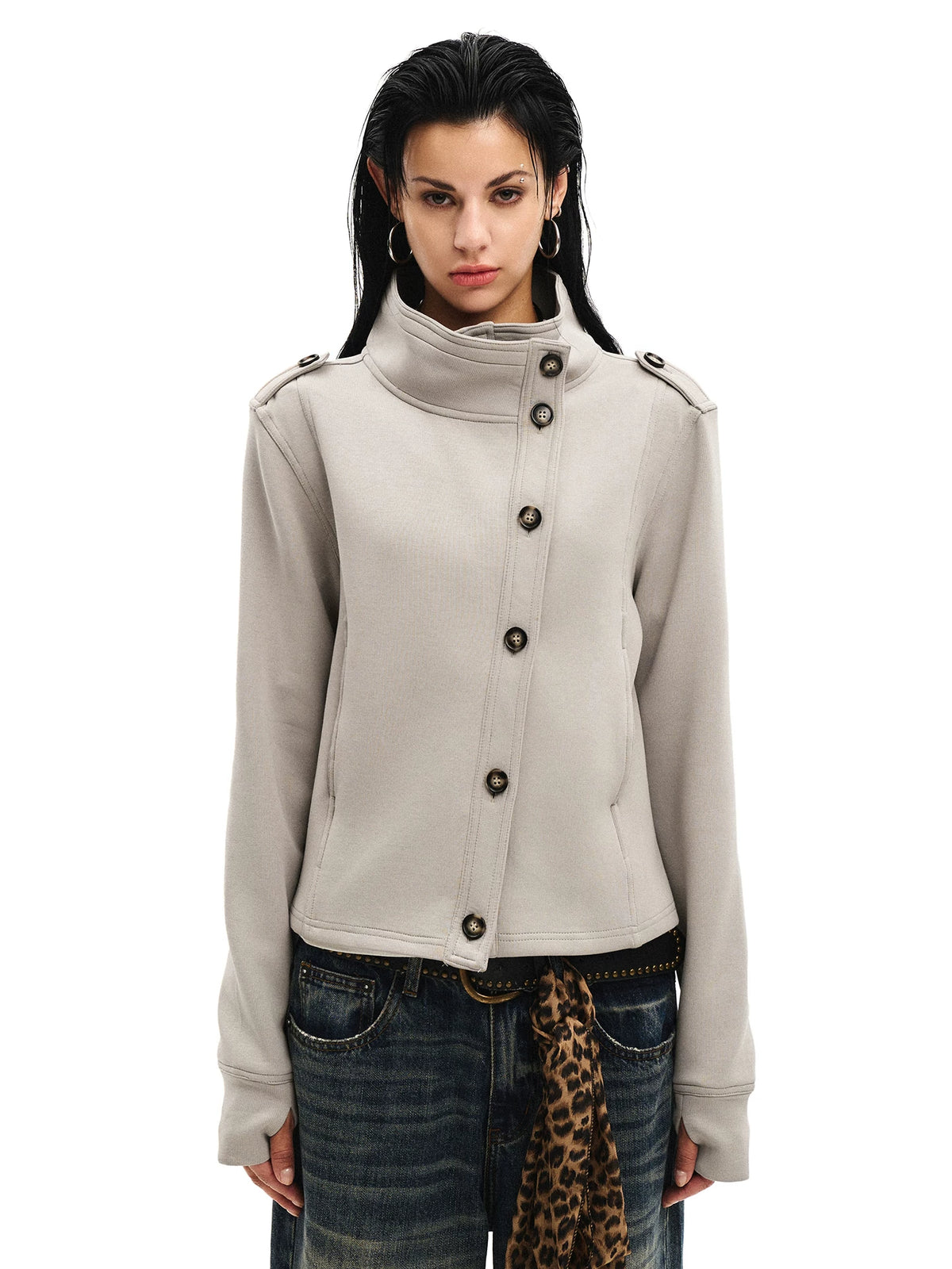ASYMMETRIC BUTTON STAND COLLAR TOP