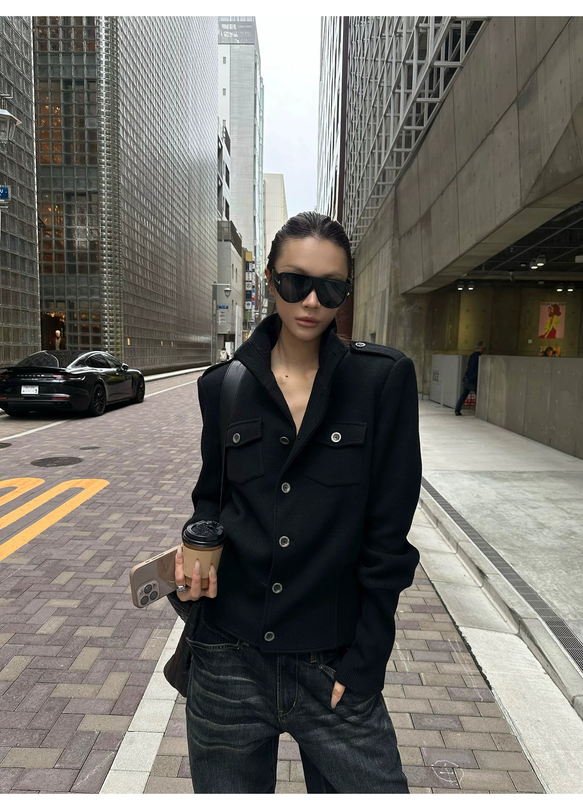 CINCHED WOOL BLEND STAND COLLAR JACKET