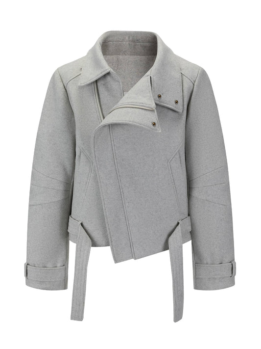 ASYMMETRIC WOOL BLEND BELTED JACKET