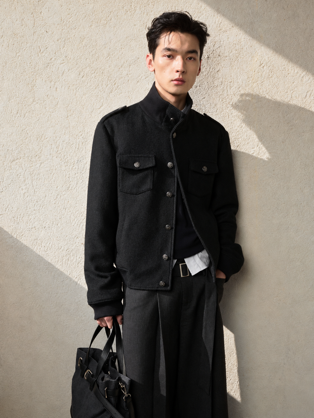 TEXTURED BUTTON WOOL BLEND JACKET