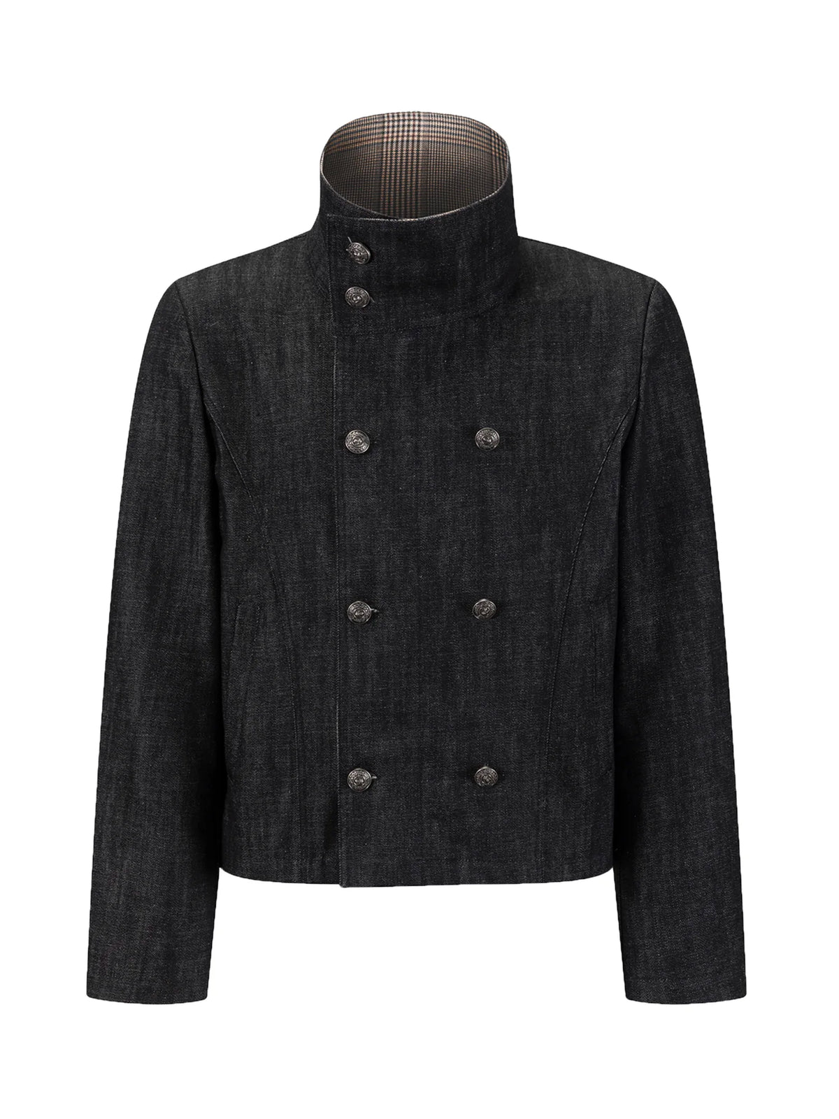 CHECK COLLAR DOUBLE BREASTED DENIM JACKET