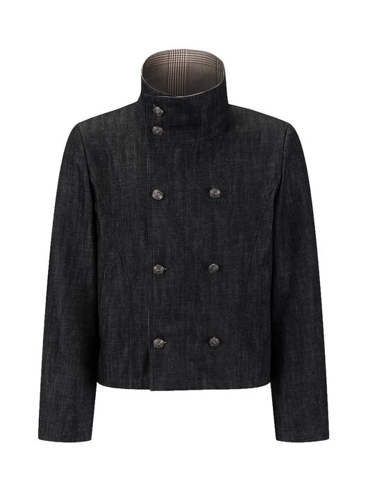 CHECK COLLAR DOUBLE BREASTED DENIM JACKET