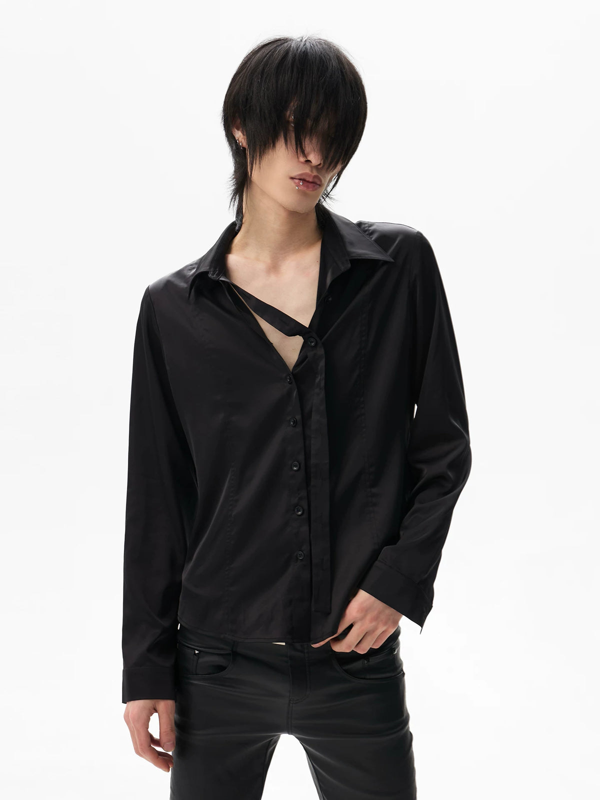 DETACHABLE PLACKET SATIN SHIRT