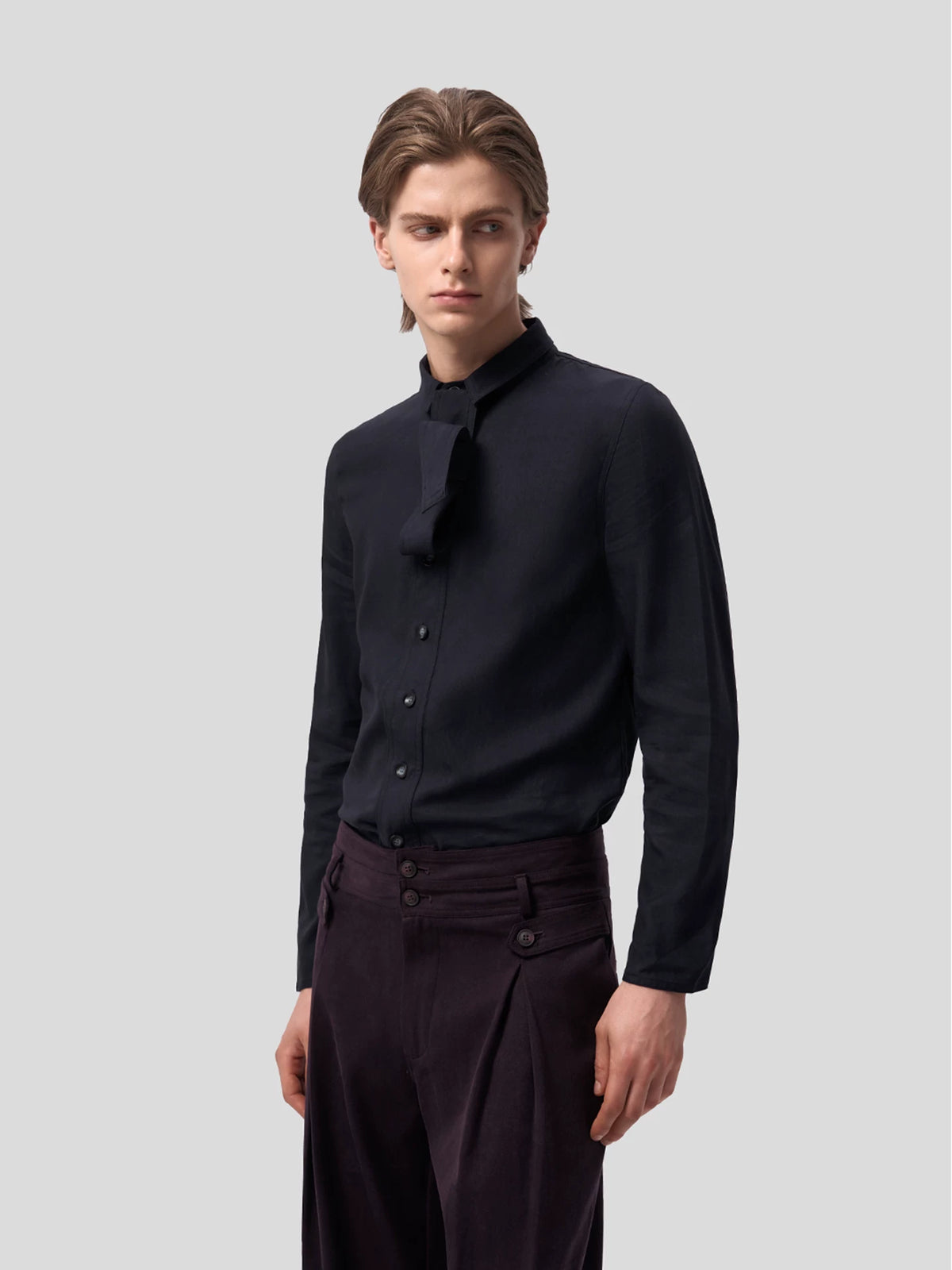NAVY RIBBON NECK LONGSLEEVE SHIRT