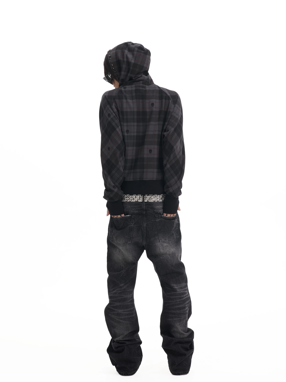 SKULL PLAID STUDDED ZIP HOODIE back