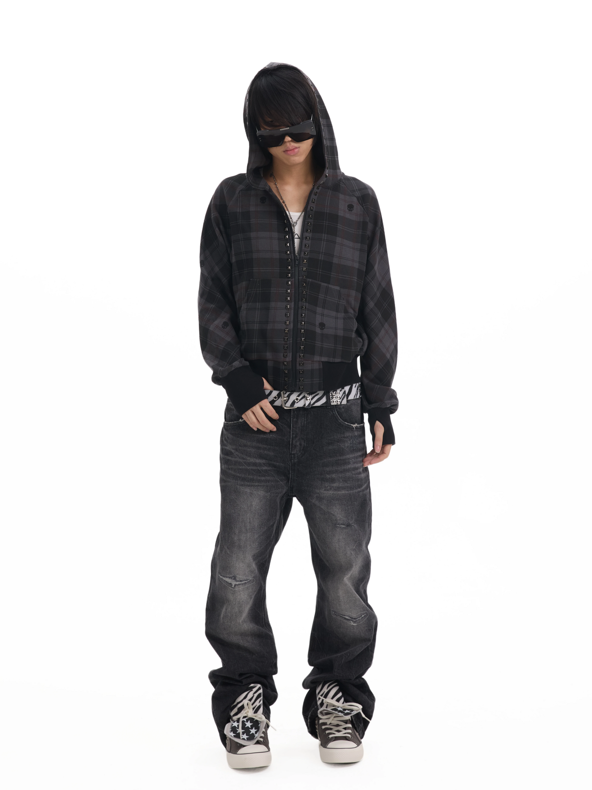 SKULL PLAID STUDDED ZIP HOODIE front