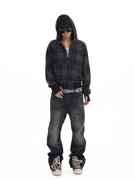 SKULL PLAID STUDDED ZIP HOODIE front