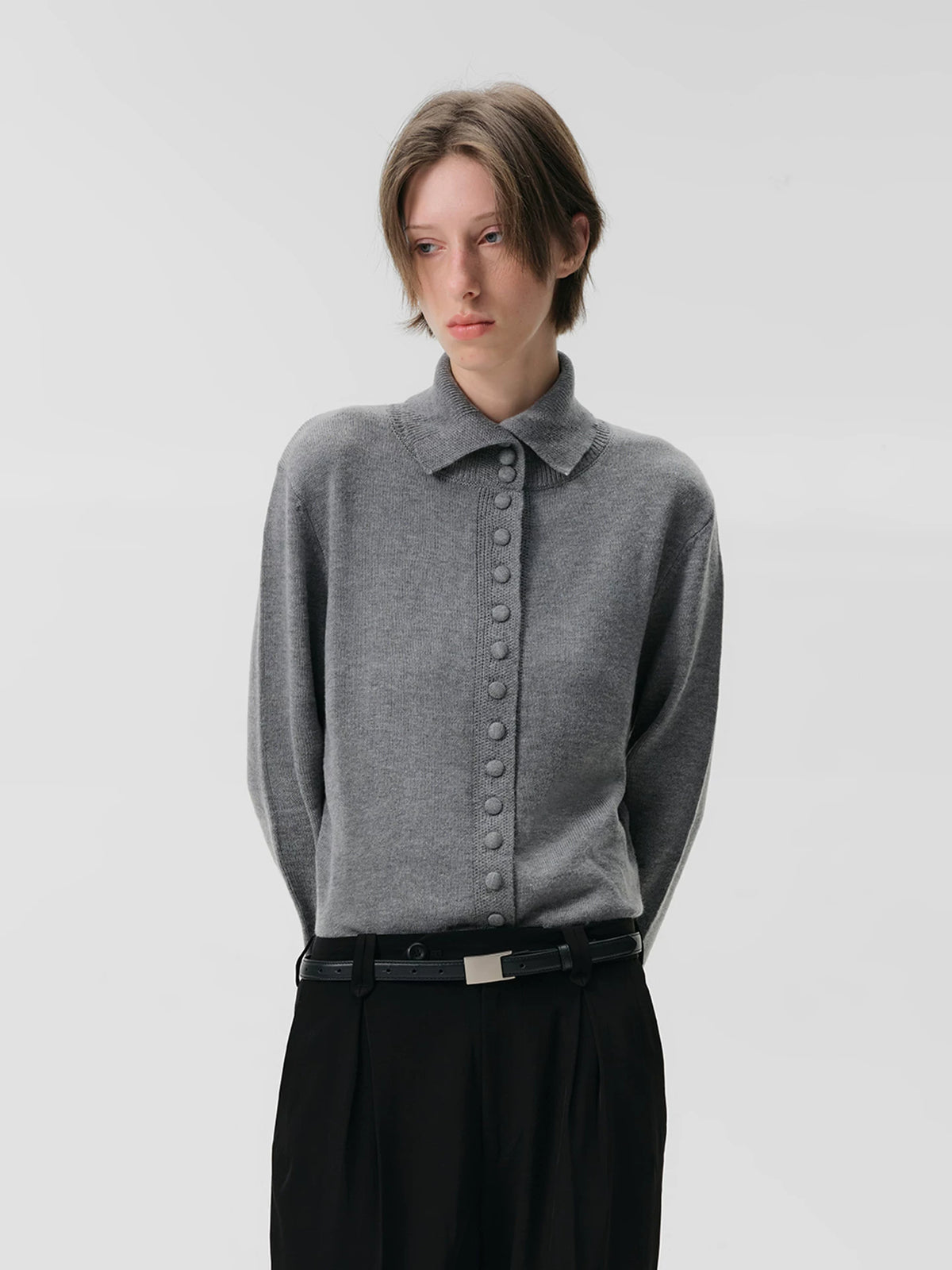 BUTTON FRONT WOOL BLEND KNIT TOP
