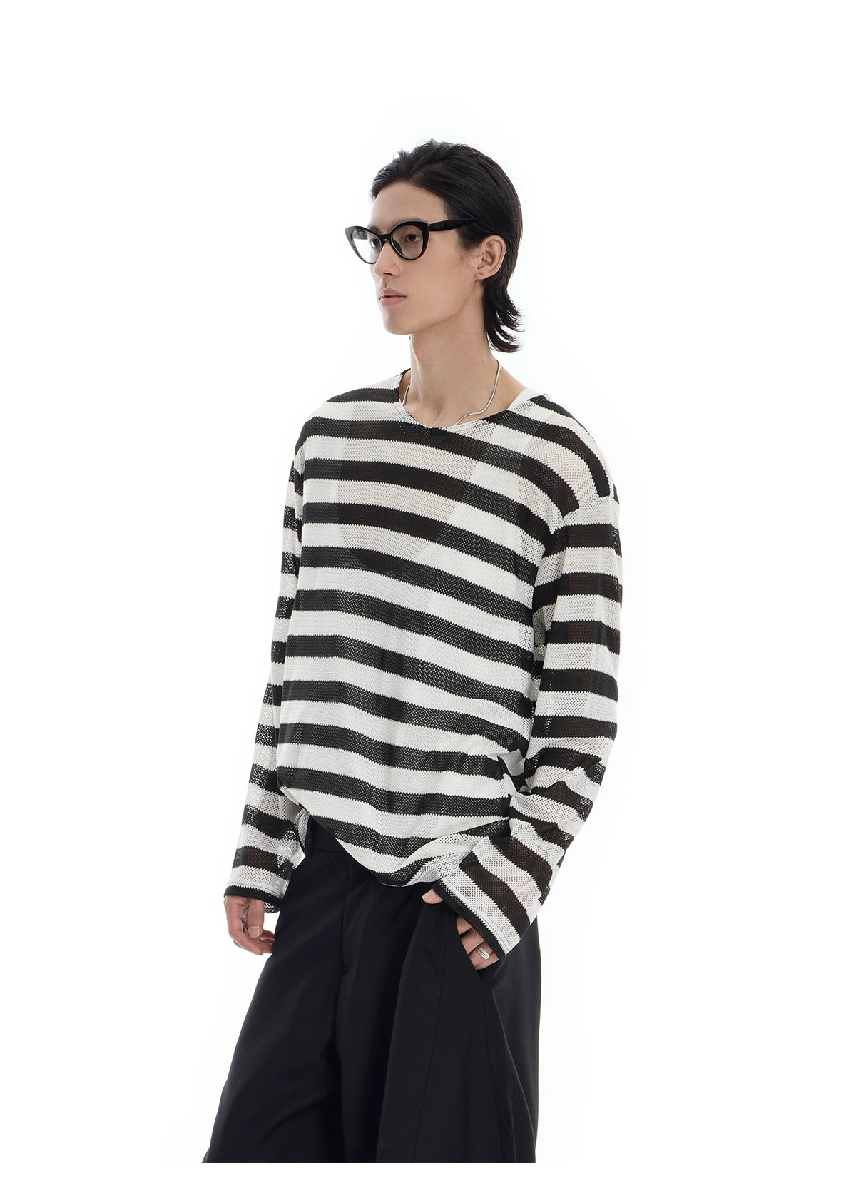 OPEN KNIT STRIPE LONGSLEEVE TOP