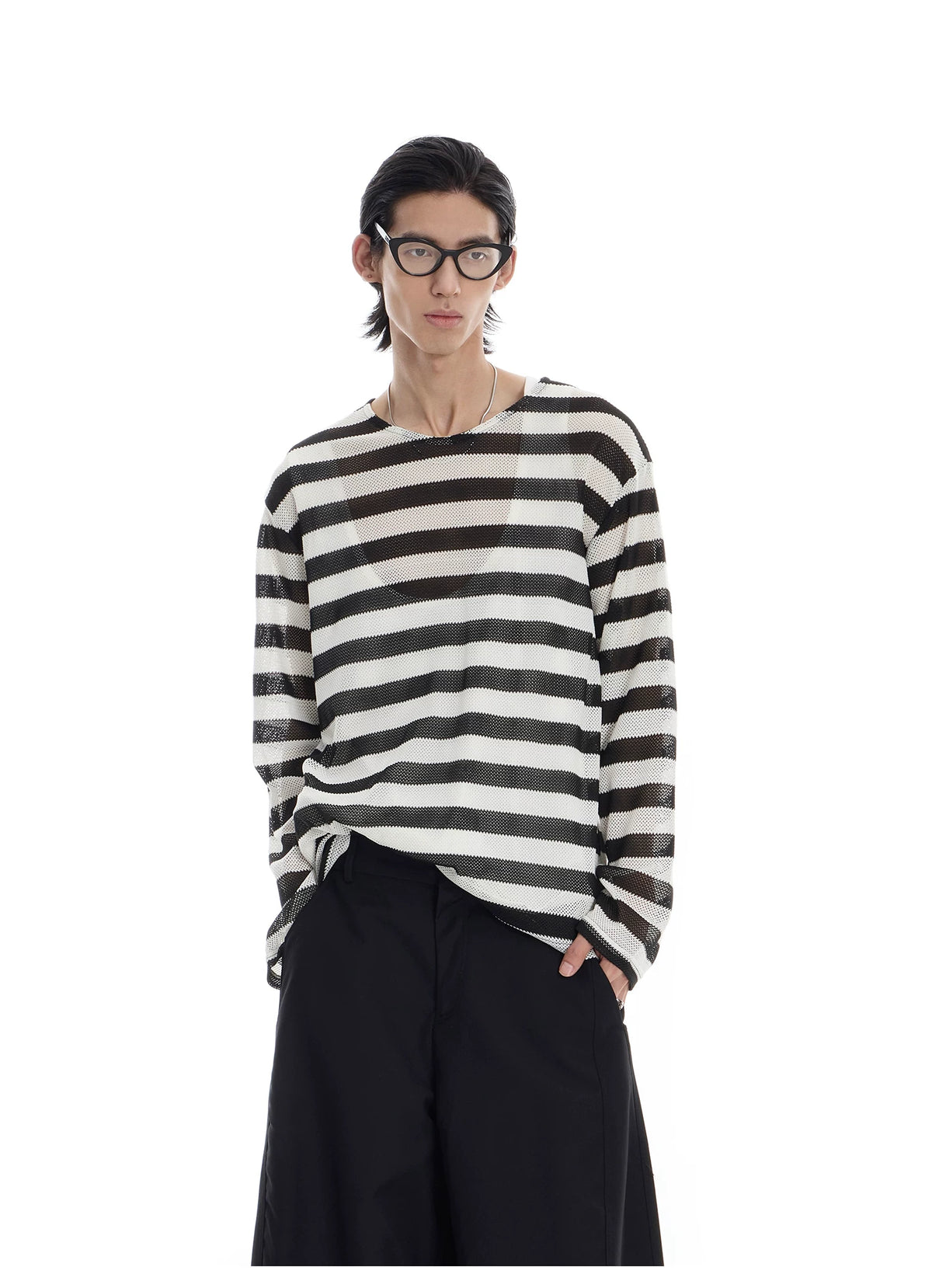 OPEN KNIT STRIPE LONGSLEEVE TOP