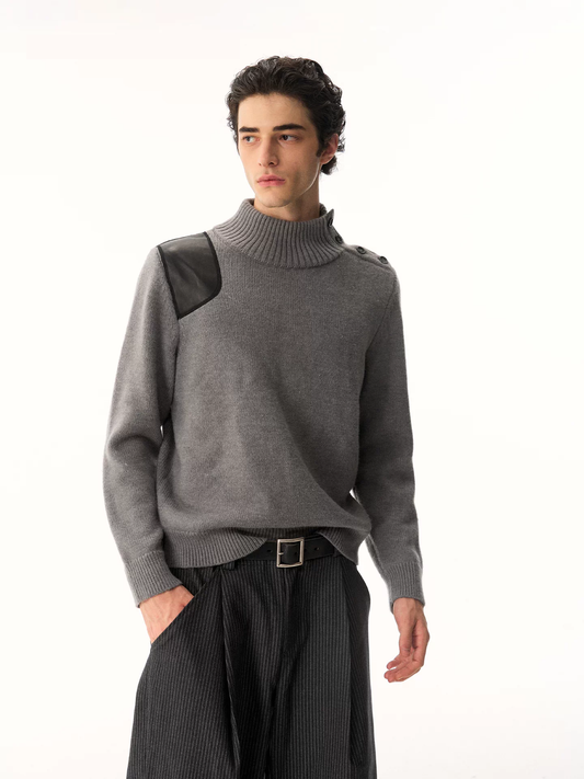 LEATHER PATCH BUTTON NECK KNIT TOP