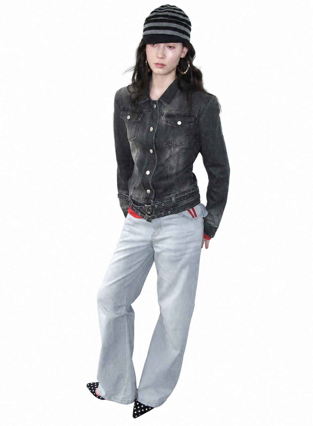 DOUBLE BELT WASHED DENIM JACKET