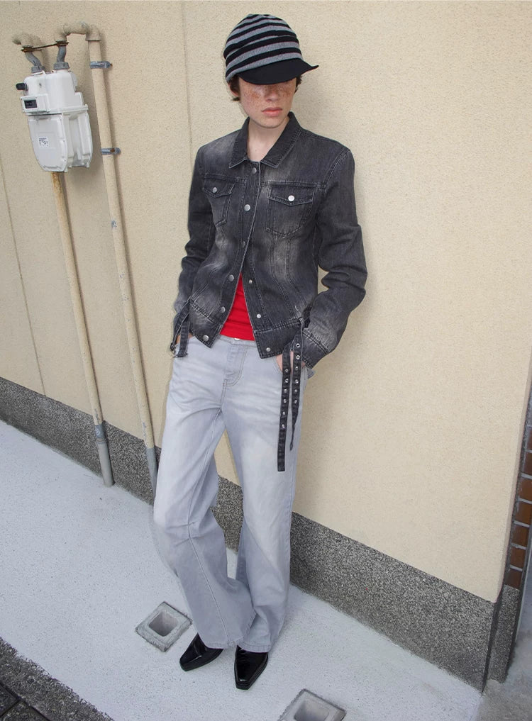 DOUBLE BELT WASHED DENIM JACKET