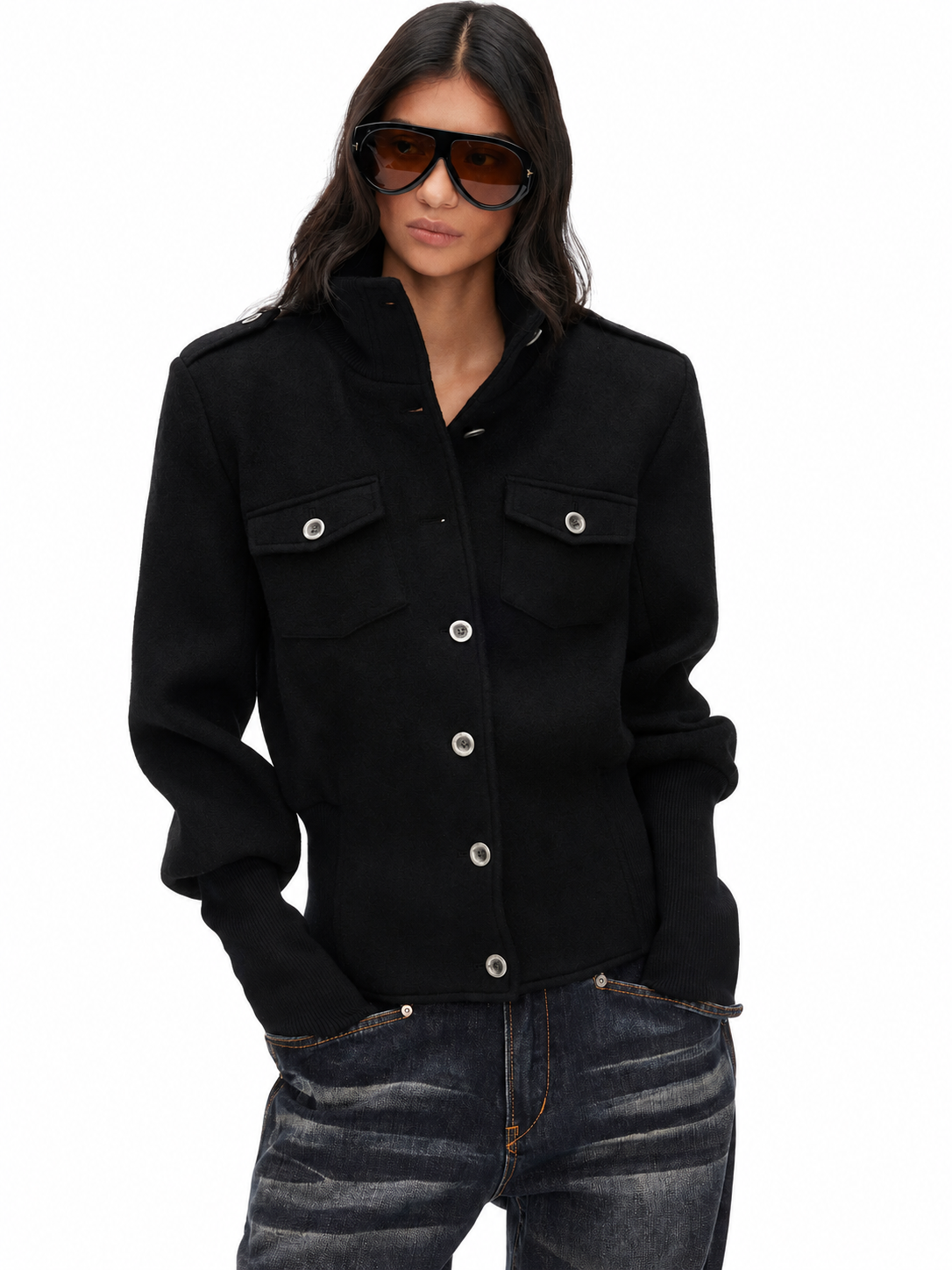 CINCHED WOOL BLEND STAND COLLAR JACKET