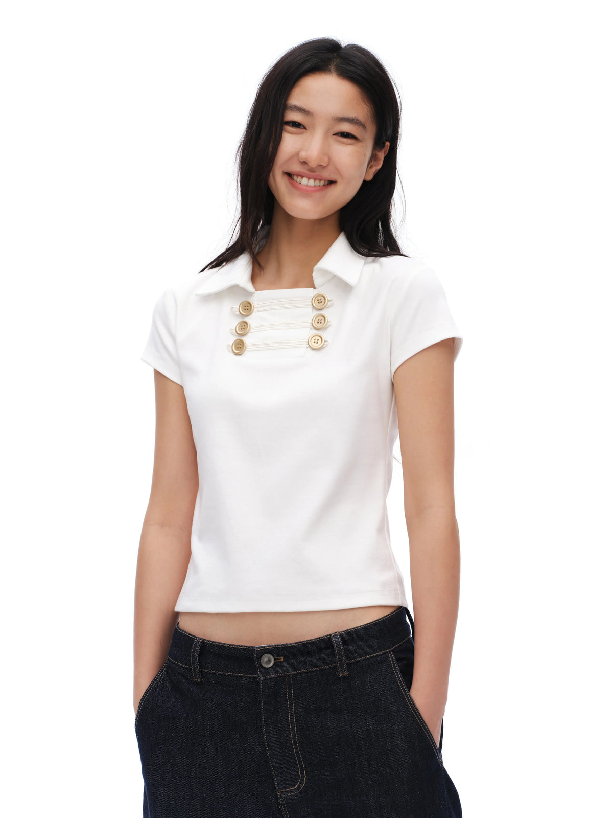 NAVY DOUBLE BREASTED LAPEL TEE