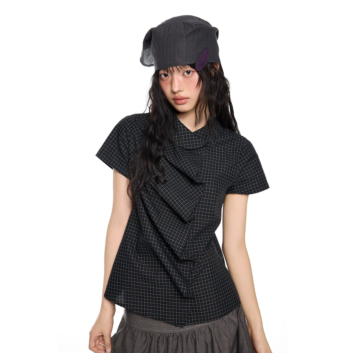 RETRO PLAID BUBBLE SLEEVE TOP